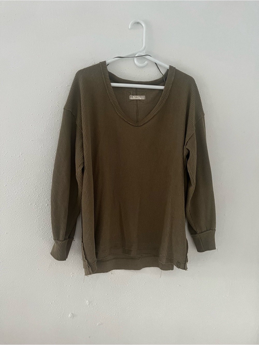 We The Free Olive Green Waffle V-Neck Pullover